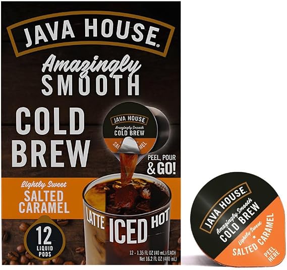 Java House Cold Brew Coffee Concentrate Single Serve Liquid Pods, Peel and Pour, 1 Count (Pack of 12), Salted Caramel Lightly Sweet
