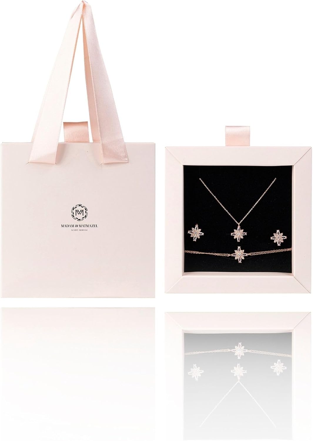 Madam Mademoiselle Elegant Hope Flower Patterned 925 Sterling Silver Jewelry Set, Women, Necklace Bracelet Earrings, 3 Pieces, Gift Box