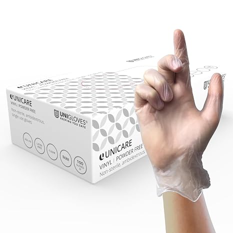 Unigloves Unicare Clear Vinyl GS0065 Examination - Multipurpose, Powder Free and Latex Free Disposable Gloves, Box of 100 Gloves, Clear, Extra Large