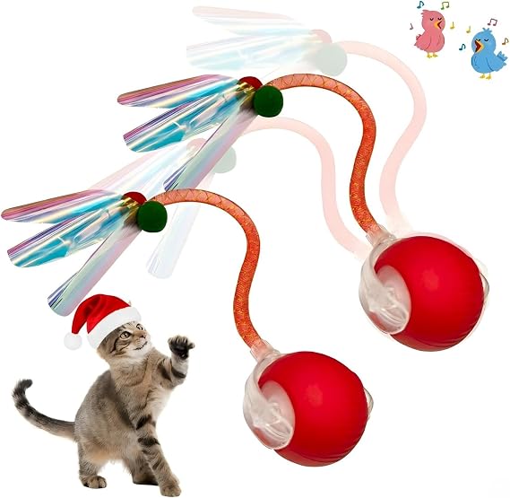 DFQ 2 Pcs Interactive Cat Ball Toys,3 Motion Modes-Rolling Ball for Indoor Cats of All Ages, Lightweight Design,Automatic Cat Toys with Elastic Mesh Tail for Bored Indoor Adult Cats(Red)