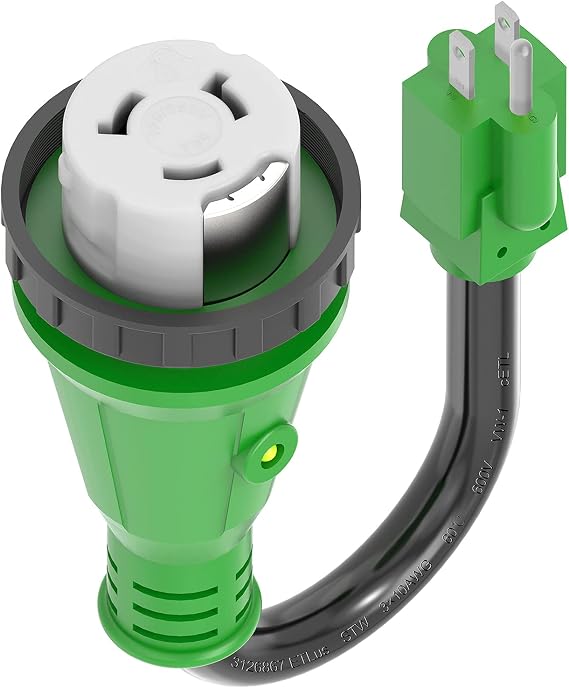 RVGUARD 50 Amp to 110 Volt RV Adapter Cord with Locking Connector | NEMA 5-15P to NEMA SS2-50R Electrical Power Adapter with LED Power Indicator, 12 Inch, Green, ETL Listed