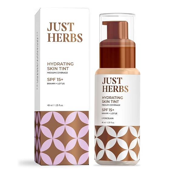 Just Herbs Natural Skin Tint Foundation, BB Cream with Brahmi for Medium Coverage - Non- Cakey & Lightweight, Shade-0 Porcelain, 1.35 fl oz
