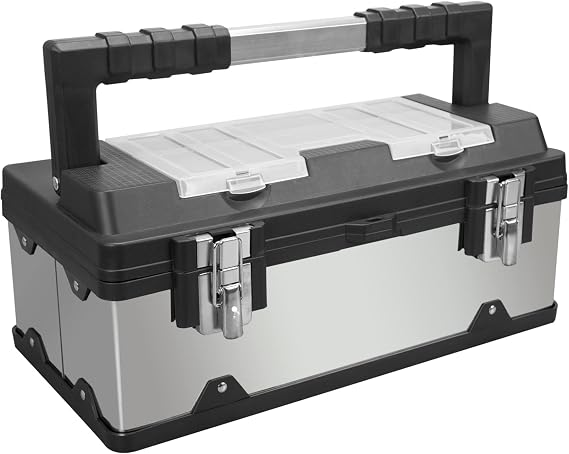 19" Stainless Steel and Plastic Portable Storage Tool Box Organizer with Metal Lock, Multiple Compartments, Clear Lid and Removable Trays - Stainless Steel/Black