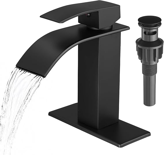 VOTON Black Bathroom Faucets, Waterfall 1 Hole Faucet with Deck & Drain | Single-handle lead-free SUS304 faucet | includes pop-up drain, cUPC supply hoses and 6 in deck plate for 1 or 3-hole sinks
