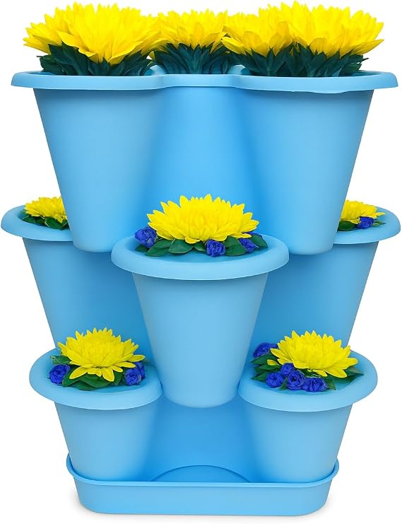 3 Tiers Lucky Clover Design Decorative Flower Pot Set, 26.5 x 26.5 cm, Flower and Plant Vegetable Growing, Garden Living Room Kitchen Flower Pot Set (Light Blue)