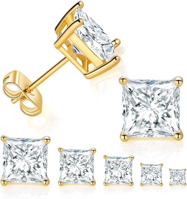 5 Pairs 14K Gold Plated Princess Cut Clear Cubic Zirconia Stud Earring Set for Women Men