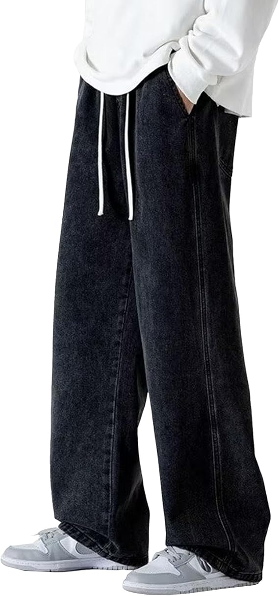 Mens Elastic Waist Drawstring Straight Baggy Jeans Hip Hop Y2K Denim Joggers Wide Leg Cargo Streetwear Jeans