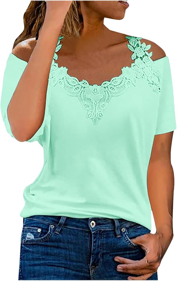 Cold Shoulder Tops for Women Plus Size Sexy V Neck Lace Patchwork Short Sleeve T-Shirts Solid Loose Comfy Sling Shirts