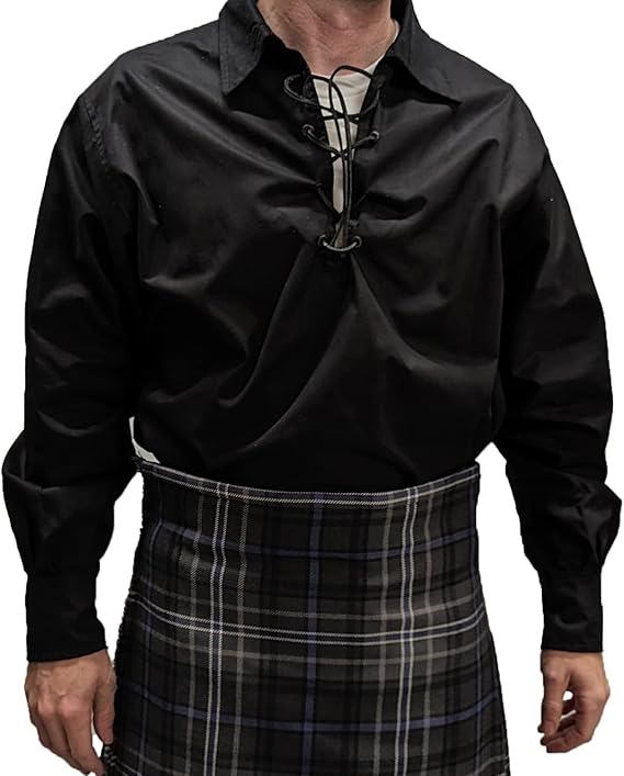 Mens Long Sleeve Shirt, Jacobite Ghillie Shirt for Kilts, w/Leather Tie