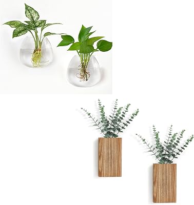 Dahey Wood Wall Planter Vase with Artificial Eucalyptus Farmhouse and Glass Wall Mounted Vases for Indoor Plants Home Office Wall Decor