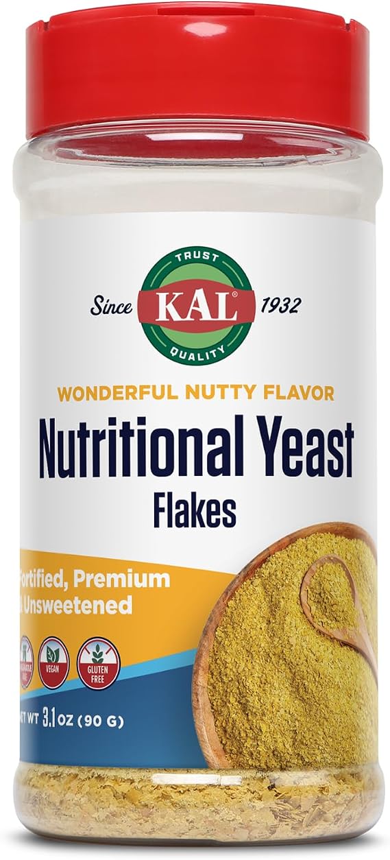 KAL Nutritional Yeast Flakes, Fortified with B12, Folic Acid & Other B Vitamins, Unsweetened, Great Nutty Flavor, Vegan & Gluten Free, Made in The USA, 20 Servings, 3.1oz