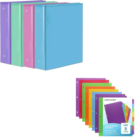 Colorful Binder Dividers with Tabs, 2-Inch Binder 3 Ring, Round Ring with 2 Interior Pockets