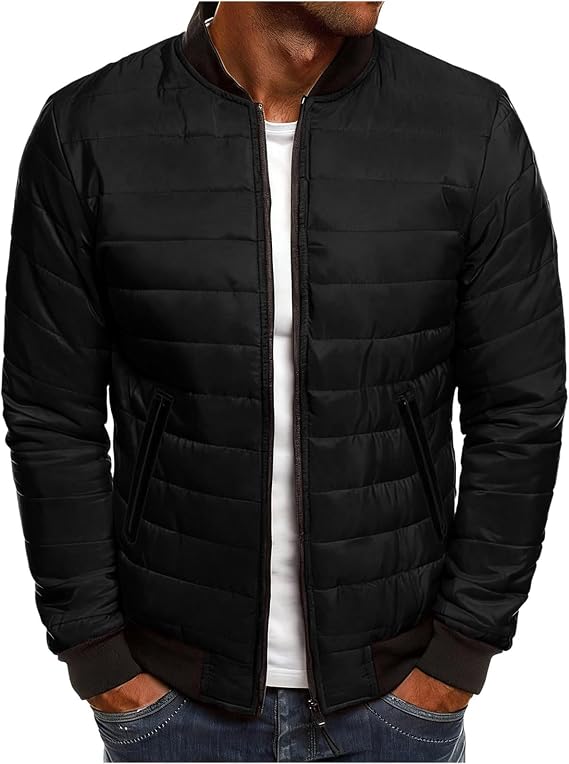 Bomber Jacket Men Lightweight Warm Winter Puffer Jacket Insulated Quilted Puffy Padded Coat Outfits with Pockets