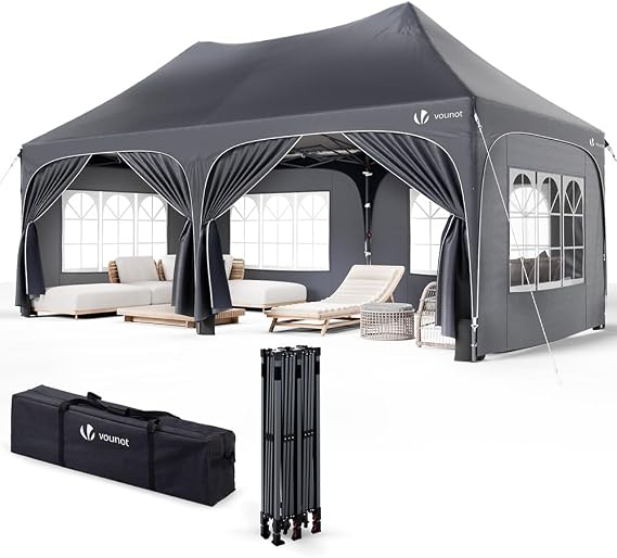 VOUNOT® 3mx6m Pop Up Gazebo with 6 Removable Sidewalls & 6 Weight Bags, Carry Bag Included - Marquee Garden Party Tent Outdoor, Waterproof, Anti-UV, Ideal for Camping, Festivals and Weddings, Grey