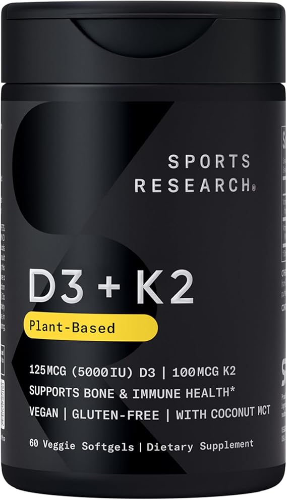 Sports Research Vitamin D3 + K2 w/ Coconut Oil - Vegan Vitamin D 5000iu & Mk7 Vitamin K 100mcg for Bone & Immune Support - Vegan Certified Non-GMO Soy Free - 60 Softgels | Plant-Based Vitamin D 5000iu/125mcg & Soy-Free Vitamin K 100mcg for Bone & Immune Support - Vegan Certified & Non-GMO Verifed