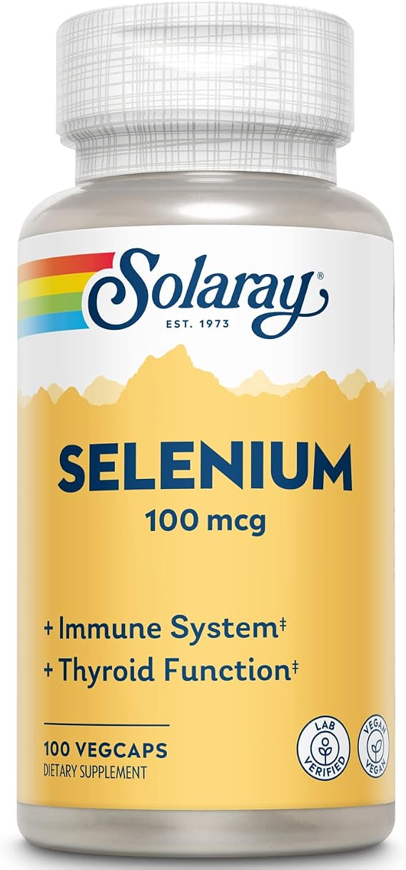 Solaray Selenium 100 mcg, Healthy Immune System, Thyroid Function and Antioxidant Support, Vegan, Lab Verified, d, 100 Servings, 100 VegCaps