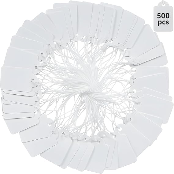 Brothersbox Price Tags with String Attached, 500pcs White Smooth Surface Marking Merchandise Strung Tag Writable Label Small Hang Tag for Pricing Gift Jewelry Clothing 1.375 x 0.875 inch