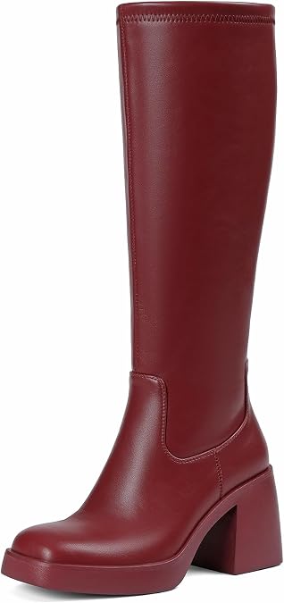 Tscoyuki Black Boots Knee High: Suede Fall Boots - Chunky Platform Heel Tall Boots for Women Square Toe Block Heeled Gogo Boots