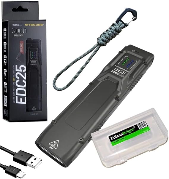 Nitecore EDC25 3000 Lumen Flat EDC Flashlight, USB-C Rechargeable Dual Beam Slim Compact Powerful Duty Light w/ EdisonBright Accessory case Bundle