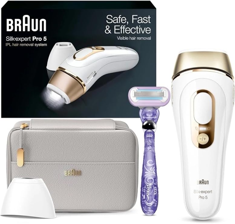 Braun IPL, SilkExpert Pro 5, IPL Hair Removal for Women and Men, Permanent Laser Hair Reduction At-Home, 2 Heads, Pouch, Venus Razor, IPL5157