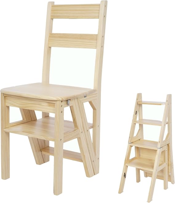 Library Ladder 4 Tier Folding Step Stool Chair 3-in-1 Multi-Functional Wood Step Ladder 265 lbs Indoor and Outdoor Display Stand and Storage Shelf for Home, Library, Kitchen