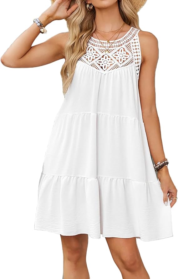 jinghuiyue Summer Halter Dress for Women Sleeveless Hollow Out A-Line Mini Dress Casual Tiered Swing Beach Sundress