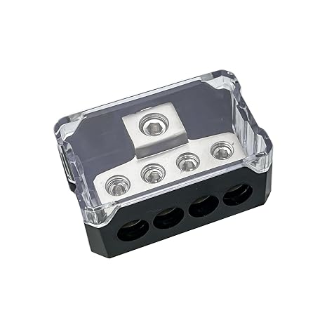 4-Way Power Distribution Block, 0/2/4 Gauge In 4/8/10 Out | 1 in 4 Out Power Distribution Connecting Block, 0/2/4 Gauge In 4/8/10 Gauge Out, Fits Car Stereo Amplifier & Sound System