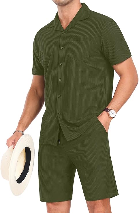 PrinStory Mens Short Sleeve Outfits Button Down Tracksuit S-3XL
