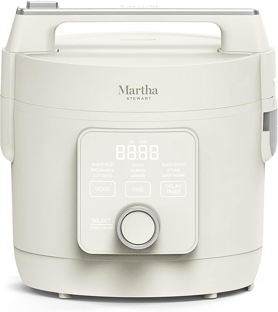 Martha Stewart Rice Cooker, 4 Cup (Uncooked) / 8 Cup (Cooked), Ceramic Non-Stick Removable Pot, Keep Warm, Measure Markings, Steam Basket, Brown & Sushi Rice, Quick Cook, Quinoa, Grains, Oats, Linen Cream