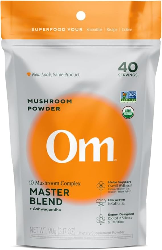 Om Master Blend Mushroom Powder Organic Mushroom Supplement with 10 Mushrooms and Ashwagandha - Support Immunity, Gut Health & Stress Relief, 3.17 oz (40 Servings)