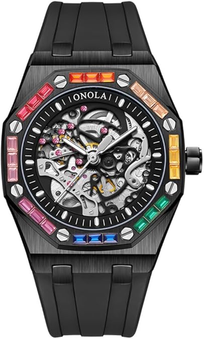Fashion Men Rainbow Diamond Bezel Wristwatch Luxury Skeleton Hollow Automatic Self-Wind Mechanical Watch Silicone Strap Waterproof Luminous Watches