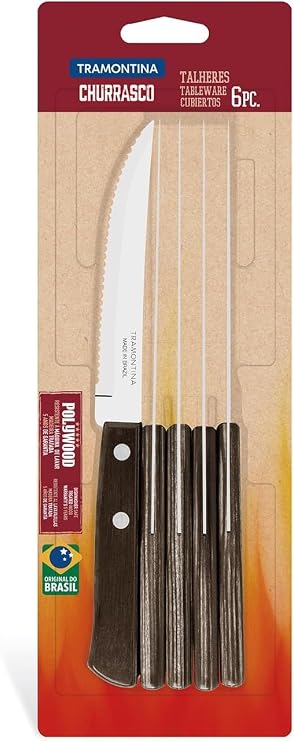 Tramontina 6 Piece Steak/Pizza Knife Set, Brown Colour, Sharp Knife Set with Wooden Handles, ‎Camping, Kitchen, Rustic, Dishwasher Safe, 5-Inches, 29899155 | Dishwasher-safe construction allows hassle-free cleanup, with sharp rustic brown styling for busy kitchens or camping.