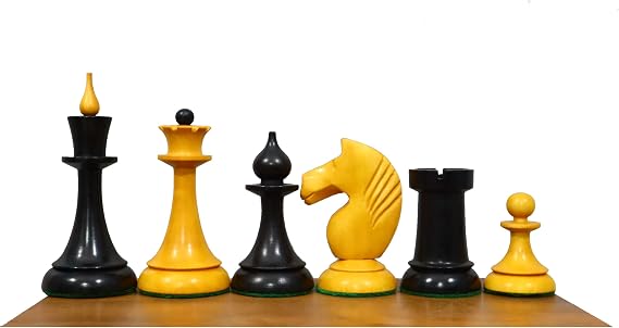 1950's Soviet Latvian Reproduced Weighted Chess Set in Ebonised Boxwood & Antiqued Boxwood- Russian USSR Weighted Chess Pieces Only|4.1" King