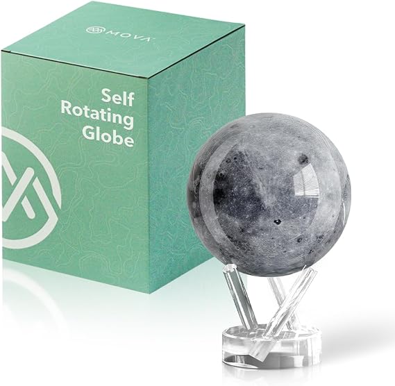 MOVA Globe l Globe l Outer Space Series Moon 4.5" l with Base l No Power Required! Indoor Light & Natural Light Automatic Rotating Globe | Office Desktop Decor Unique Gift Home Decor for Education, Men, Women, Kids l Month 11.5CM | Solar Spinning Gloves, No Batteries or Cords, Astronomical Gift, Premium Kinetic Display, Space Desk Decor