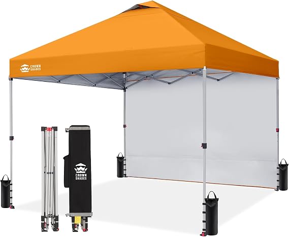 CROWN SHADES 10x10 Pop Up Canopy with 1 Side Wall, Beach Tent, Orange