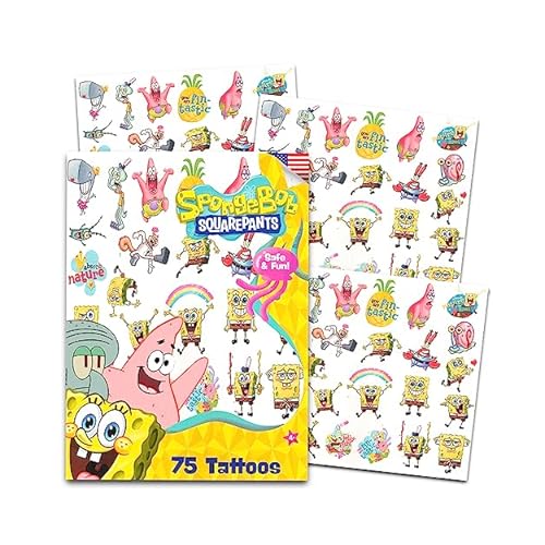 Spongebob Squarepants Temporary Tattoos for Kids and Adults - 75 Spongebob Tattoos For Party Favors Goodie Bags and More Spongebob Party Supplies Bundle