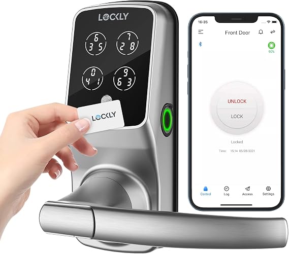 Lockly Secure Plus, RFID Card Smart Lock, Keyless Entry Door Lock, PIN Genie Keypad, 3D Fingerprint Biometric Sensor, Auto Lock - Satin Nickel (PGD628FCSN) - Latch Edition