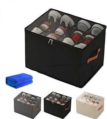 Fabric Shoe Organizer Storage Box, Shoe Organizer Storage Box, Shoes Organizers Closet Storages with Clear Cover, Foldable Dust-Proof Storages Bins with Sturdy Handles