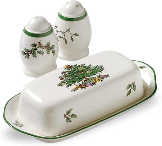 Spode Christmas Tree 3-Piece Hostess Set Butter Dish with Lid, Salt Shaker & Pepper Shaker Festive Earthenware for Christmas & Holiday Entertaining Dishwasher Safe Gift Set