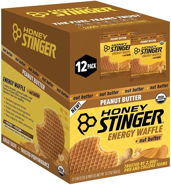 Honey Stinger Organic Peanut Butter Waffles - USDA Certified, Kosher, Natural Energy Snack, Gluten-Free, No Artificial Flavors or Preservatives, Convenient Box of 12 for Athletic & Outdoor Use