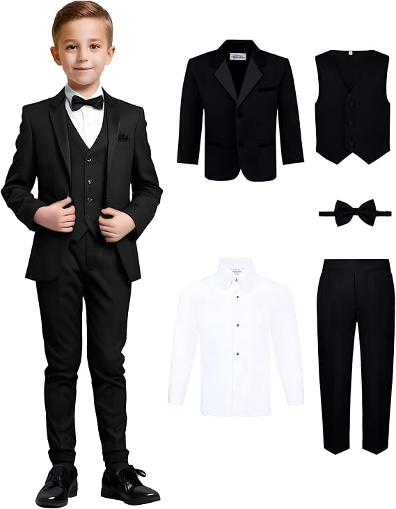 Boys 5 Piece Tuxedo Set with Jacket, Pants, Shirt, Vest & Bow Tie