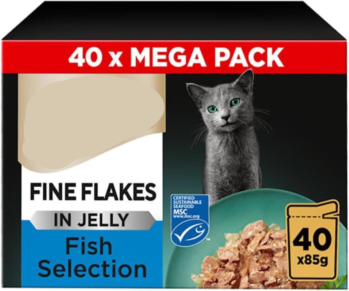 Fine Flakes in Jelly Mega Pack 40 x 85g - Fish Selection - Prepared Ingredients, Made With Small, Finely Sliced Pieces of Meat - Feeding Your Cat Will Satisfy Their Feline Appetite