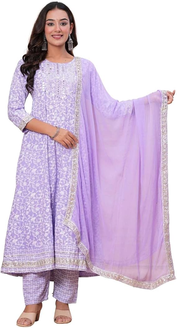 KIRAT Womens Cotton Anarkali Kurta Set with Pant and Dupatta | Elegant Floral Printed Long Kurti