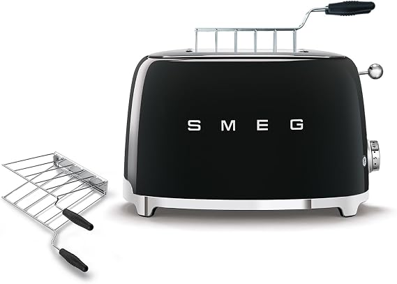 SMEG TSF01 2-Slice Toaster with TSSR01 Sandwich Rack Combo Includes 2 Sandwich Racks, 6 Browning Levels, Reheat/Defrost/Bagel Functions, Extra-Wide Slots, Retro Style (Black)