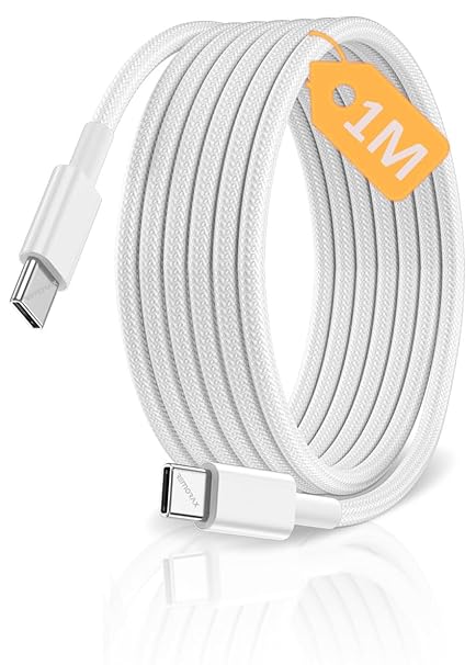 Type C-C Hızlı Şarj Kablosu, ÖRGÜLÜ KABLO VE GÜÇLENDİRİLMİŞ BOYUN, 60Watt PD Hızlı Şarj, iPhone 15/16/17 ve Andoid İçin (1Ad x 1Metre Beyaz)