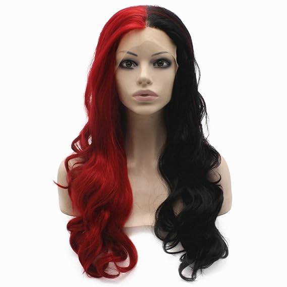 MX angel Synthetic Lace Front Wig Long Wavy Half Black Half Red Heat Resistant Fiber Hair Party Wig