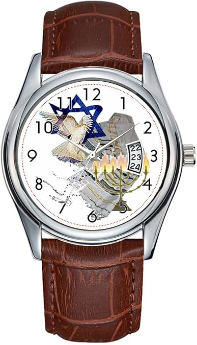 Men Watch Casual Waterproof Quartz Watches Clock Date Classic Business Brown Leather Christmas Wristwatch Dove, Tallit & Menorah Watch