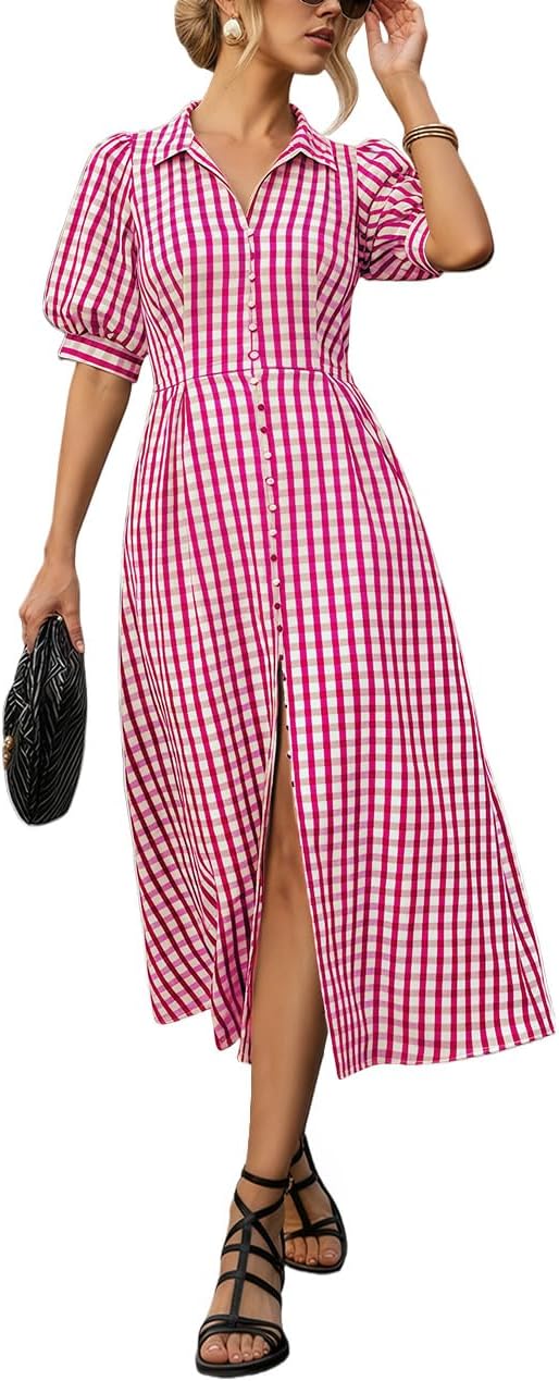Gingham Summer Dresses for Women 2026 Trendy Puff Sleeve Button Down Midi Shirt Dress