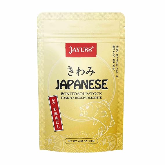 JAYUSS Dashi Powder Japanese Bonito Soup Stock 4.58 Oz Made with More Real Bonito Less Salt Non-GMO Perfect for Miso Soup Ramen Udon and Japanese Cooking 130g