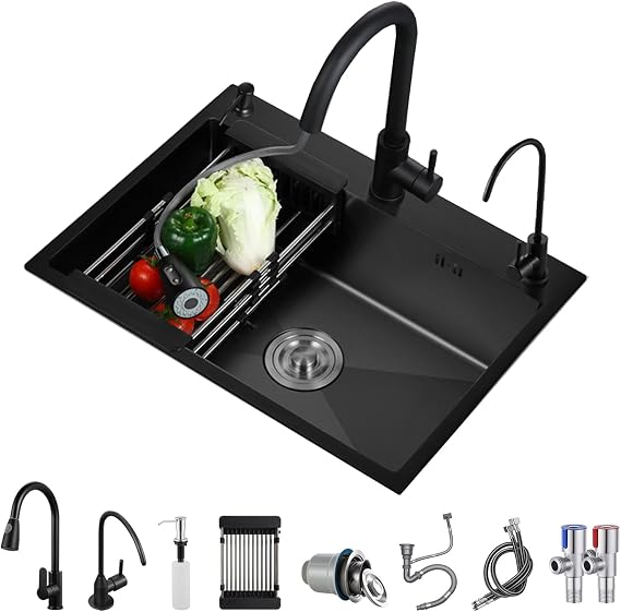 Black Stainless Steel Kitchen Sink, Single Bowl Kitchen Sink, Drop In/Topmount Workstation Sink with Sliding Accessories, Farmhouse Workstation Sink with Multiple Accessories (19.7 x 17.7in)
